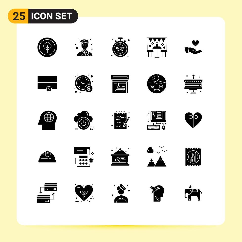 Solid Glyph Pack of 25 Universal Symbols of donation party discount outdoor decoration Editable Vector Design Elements