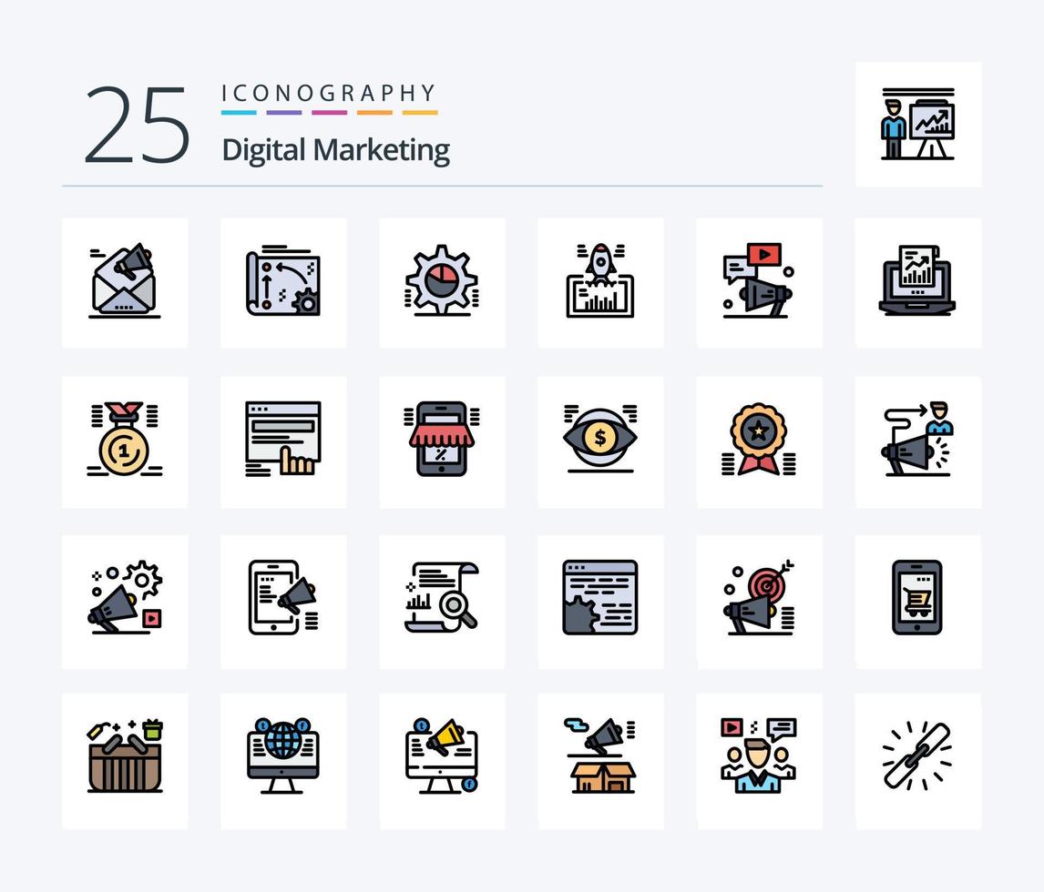 Digital Marketing 25 Line Filled icon pack including website. launch. technology. statistics. pie graph vector