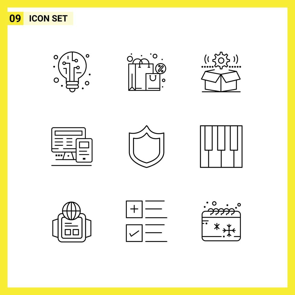 9 Universal Outlines Set for Web and Mobile Applications protection calculatre cog education computer Editable Vector Design Elements