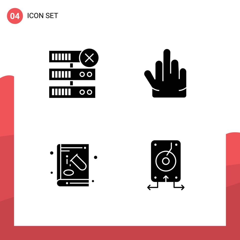 Group of 4 Solid Glyphs Signs and Symbols for database education fingers book backup Editable Vector Design Elements