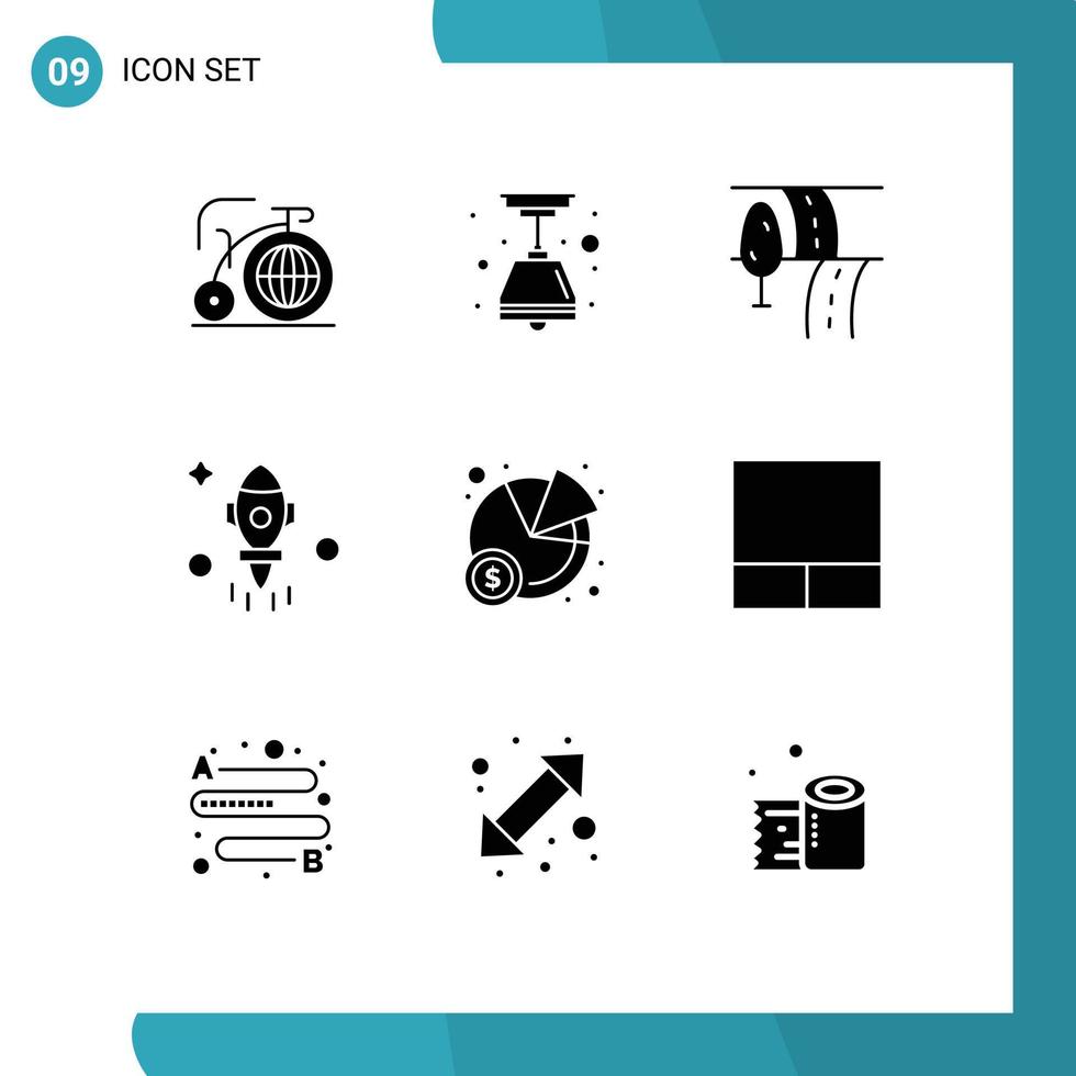 9 Thematic Vector Solid Glyphs and Editable Symbols of grid pie route chart space Editable Vector Design Elements