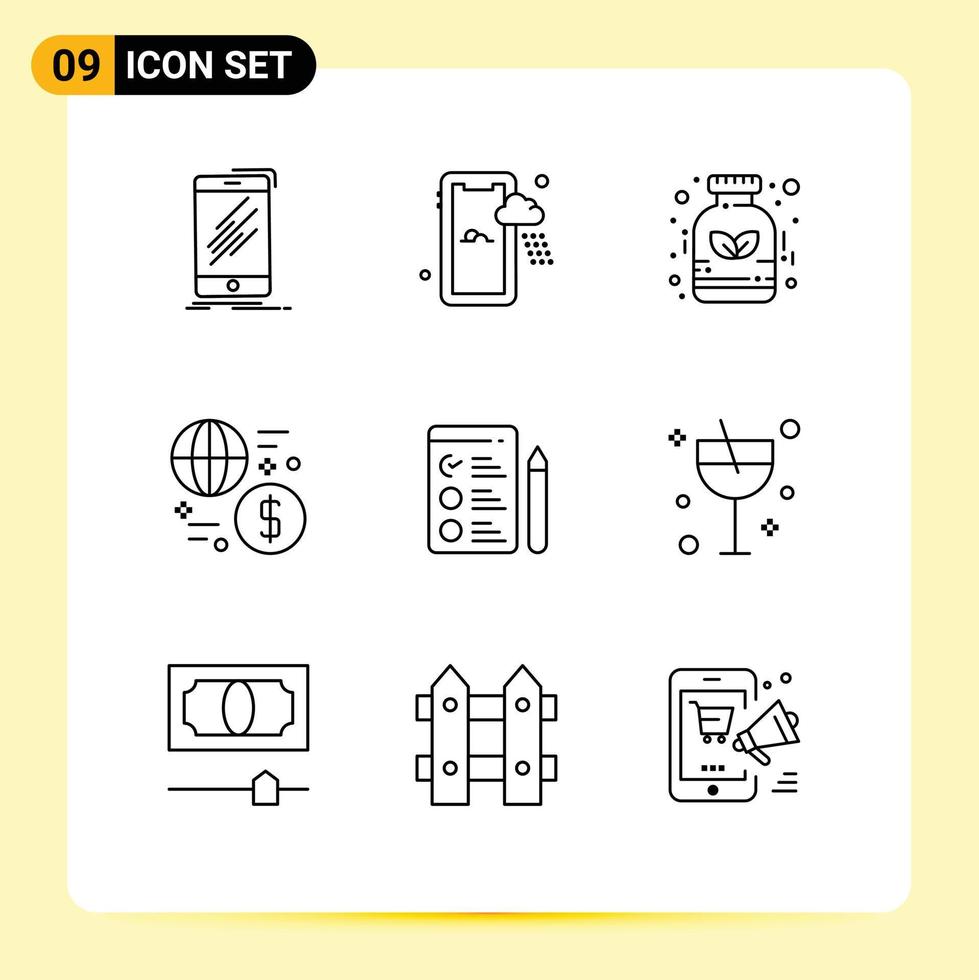 Pack of 9 Modern Outlines Signs and Symbols for Web Print Media such as cv money alternative global currency Editable Vector Design Elements