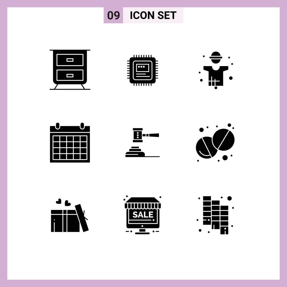 Set of 9 Vector Solid Glyphs on Grid for action date industry contact us calendar Editable Vector Design Elements