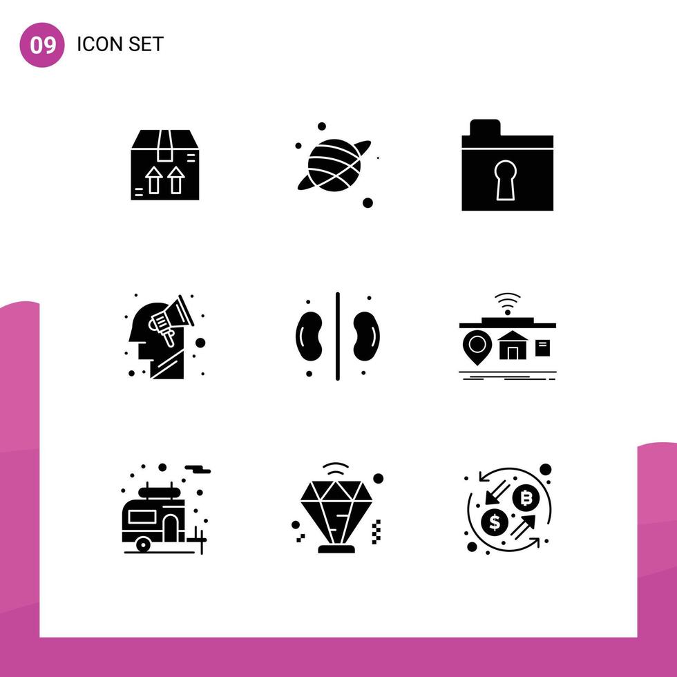 Pack of 9 creative Solid Glyphs of iot kidneys private health brain storming Editable Vector Design Elements