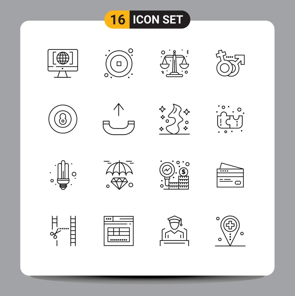 Modern Set of 16 Outlines and symbols such as game ball justice symbol male Editable Vector Design Elements