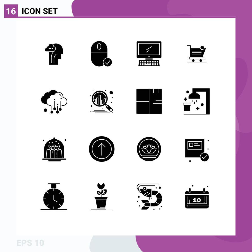 Editable Vector Line Pack of 16 Simple Solid Glyphs of item shopping hardware cart imac Editable Vector Design Elements