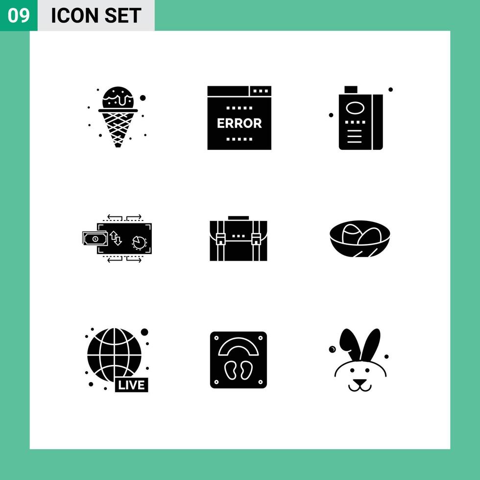 Group of 9 Solid Glyphs Signs and Symbols for money flow search finance fruit Editable Vector Design Elements