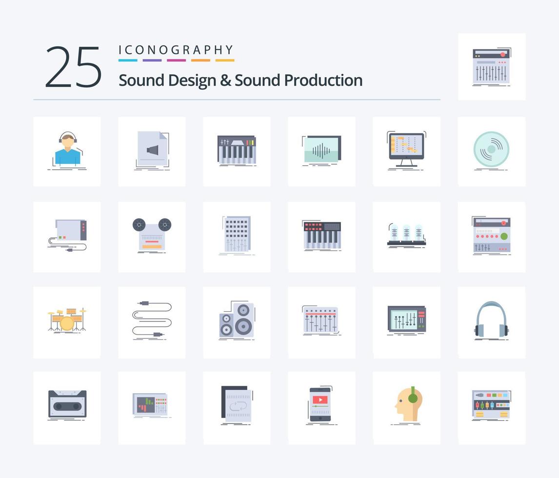 sonido diseño y sonido producción 25 plano color icono paquete incluso hercios. audio. música. sonido. llaves vector
