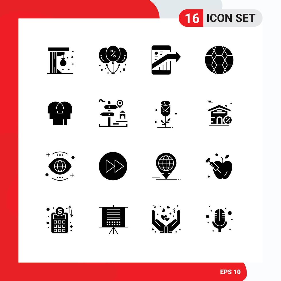 Modern Set of 16 Solid Glyphs and symbols such as empathy soccer arrow football smartphone Editable Vector Design Elements