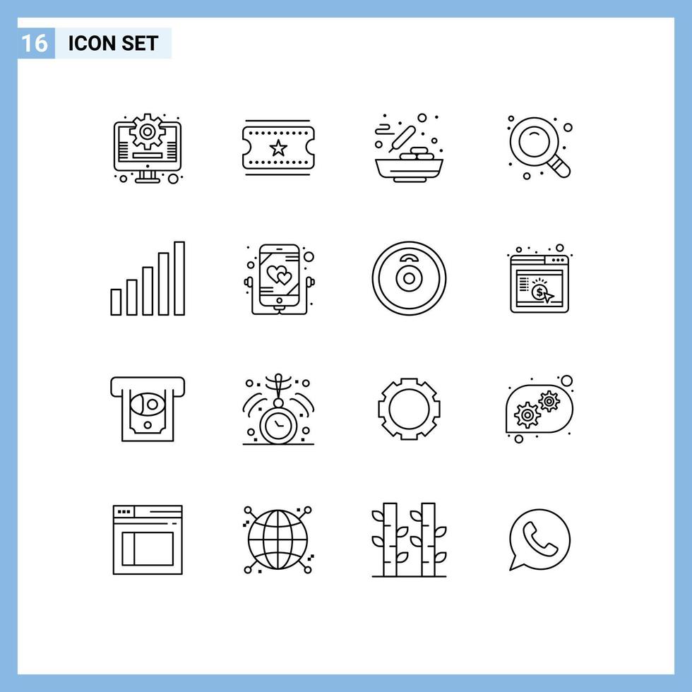 16 Universal Outlines Set for Web and Mobile Applications love signal food phone find Editable Vector Design Elements