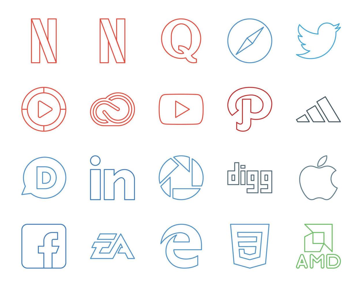 20 social medios de comunicación icono paquete incluso linkedin adidas vídeo camino Youtube vector