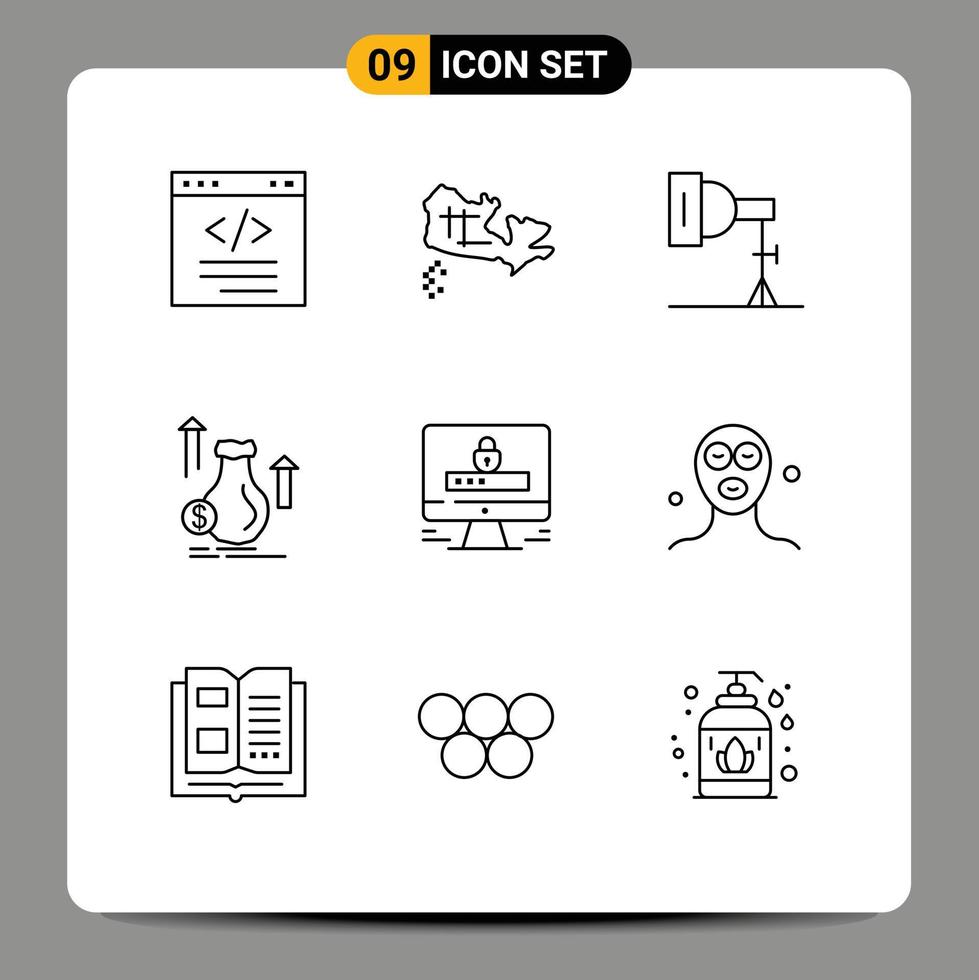 User Interface Pack of 9 Basic Outlines of computer growth light dollar money Editable Vector Design Elements