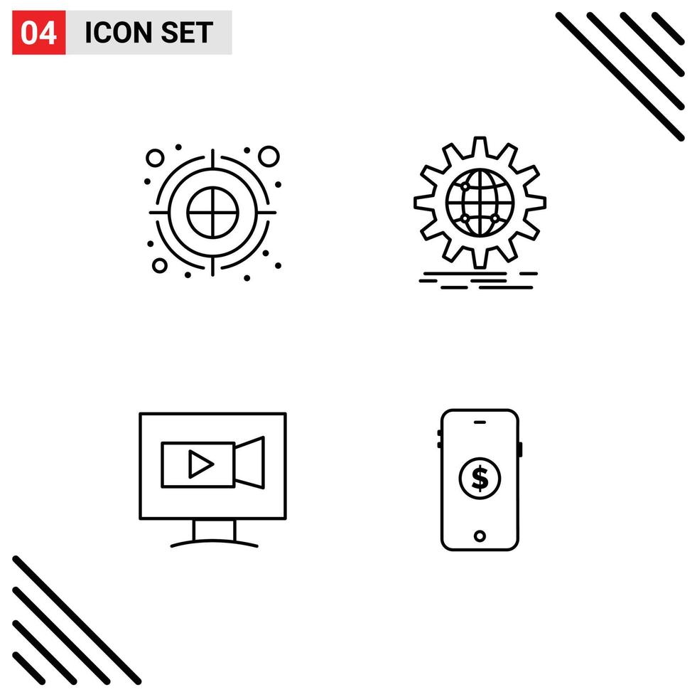 Universal Icon Symbols Group of 4 Modern Filledline Flat Colors of archery arrow monitor dartboard globe video Editable Vector Design Elements