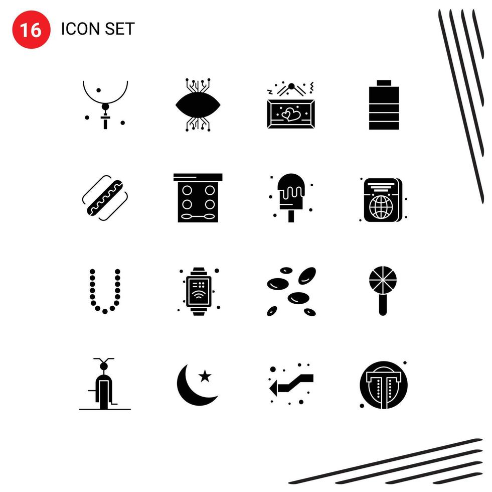 Mobile Interface Solid Glyph Set of 16 Pictograms of power battery vision romantic heart Editable Vector Design Elements
