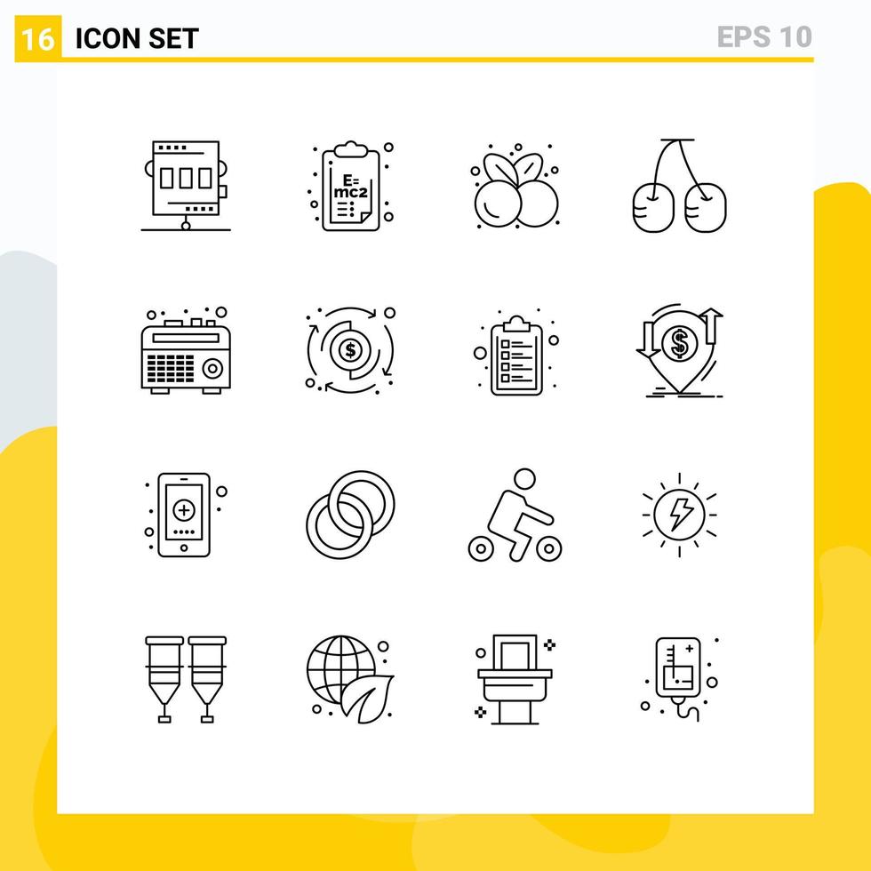16 Universal Outlines Set for Web and Mobile Applications boom box fruit clip board cherry healthy food Editable Vector Design Elements