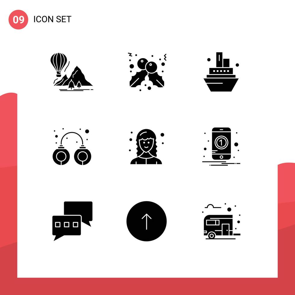 Modern Set of 9 Solid Glyphs Pictograph of female web developer developer cruise arrest handcuffs Editable Vector Design Elements