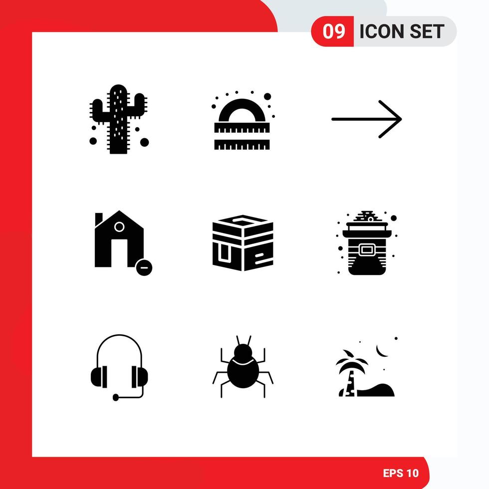 Mobile Interface Solid Glyph Set of 9 Pictograms of islam hajj arrow minus estate Editable Vector Design Elements