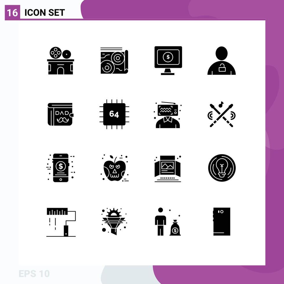Pictogram Set of 16 Simple Solid Glyphs of dad unlocked monitor padlock body Editable Vector Design Elements