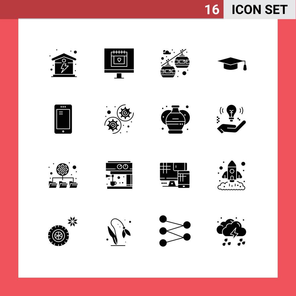 Group of 16 Solid Glyphs Signs and Symbols for huawei smart phone cable car phone education Editable Vector Design Elements