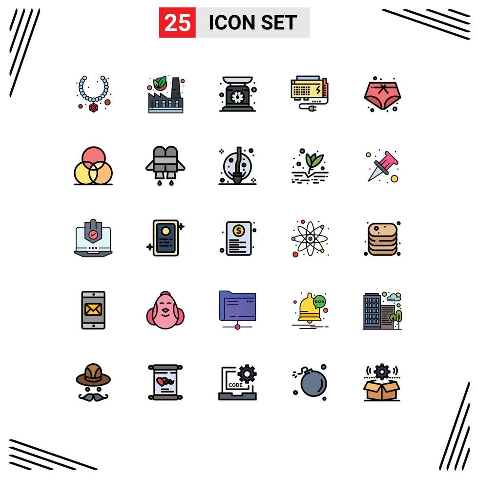 Pack of 25 Modern Filled line Flat Colors Signs and Symbols for Web Print Media such as shorts power check weight computer apc Editable Vector Design Elements