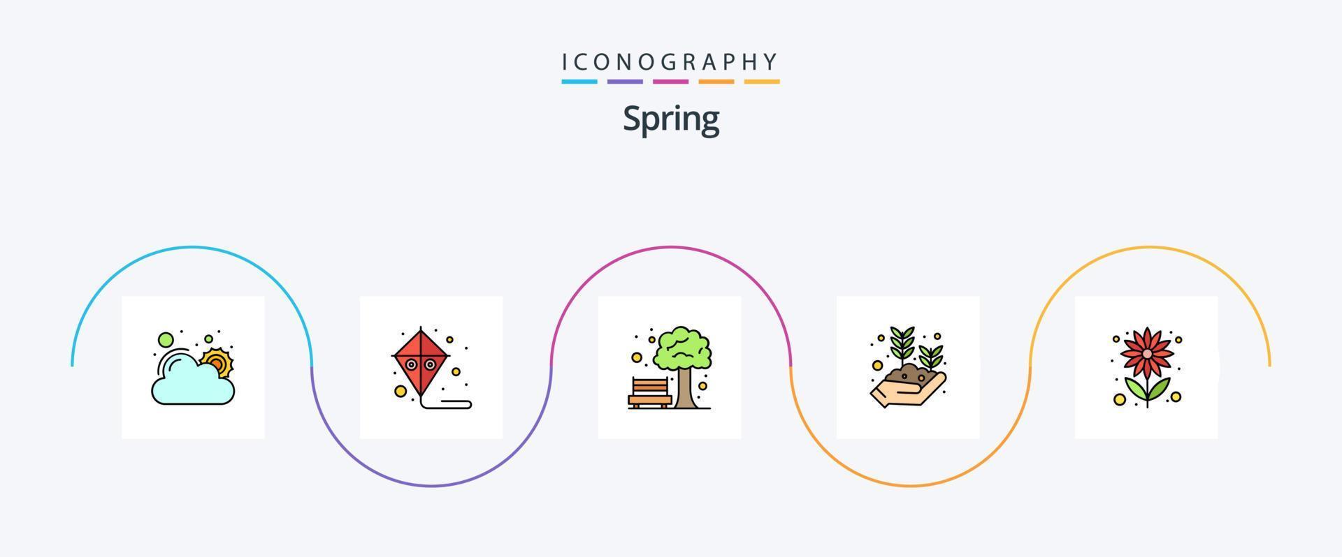 primavera línea lleno plano 5 5 icono paquete incluso verano. flor. parque. creciente mano. planta vector