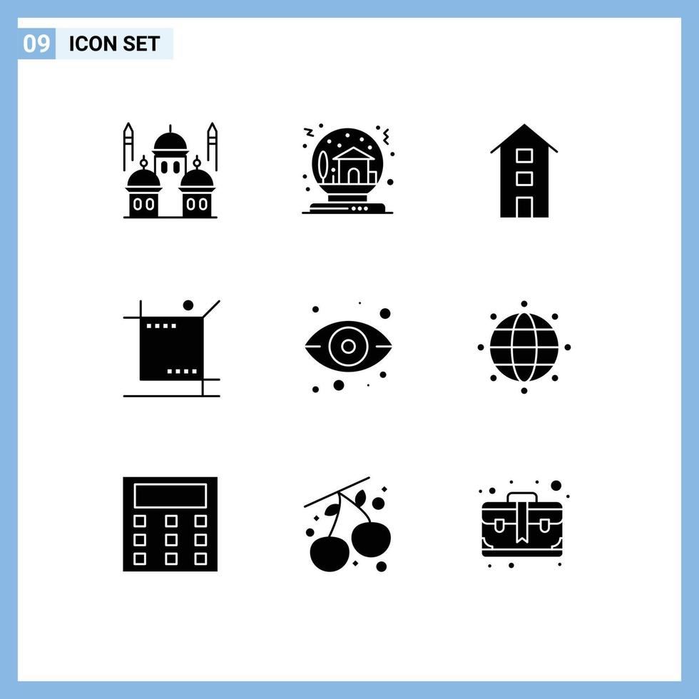 9 Thematic Vector Solid Glyphs and Editable Symbols of graphic crop globe store shop front Editable Vector Design Elements