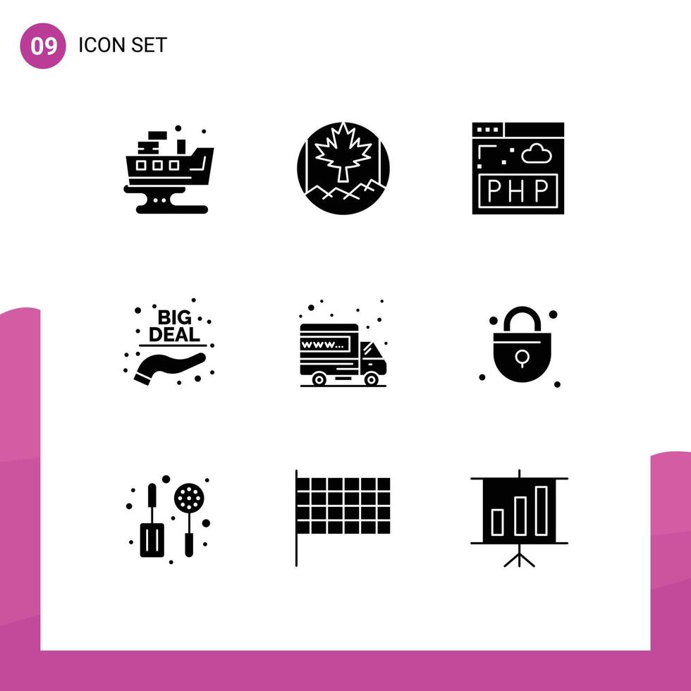Pack of 9 Modern Solid Glyphs Signs and Symbols for Web Print Media such as domain international php hosting hand Editable Vector Design Elements
