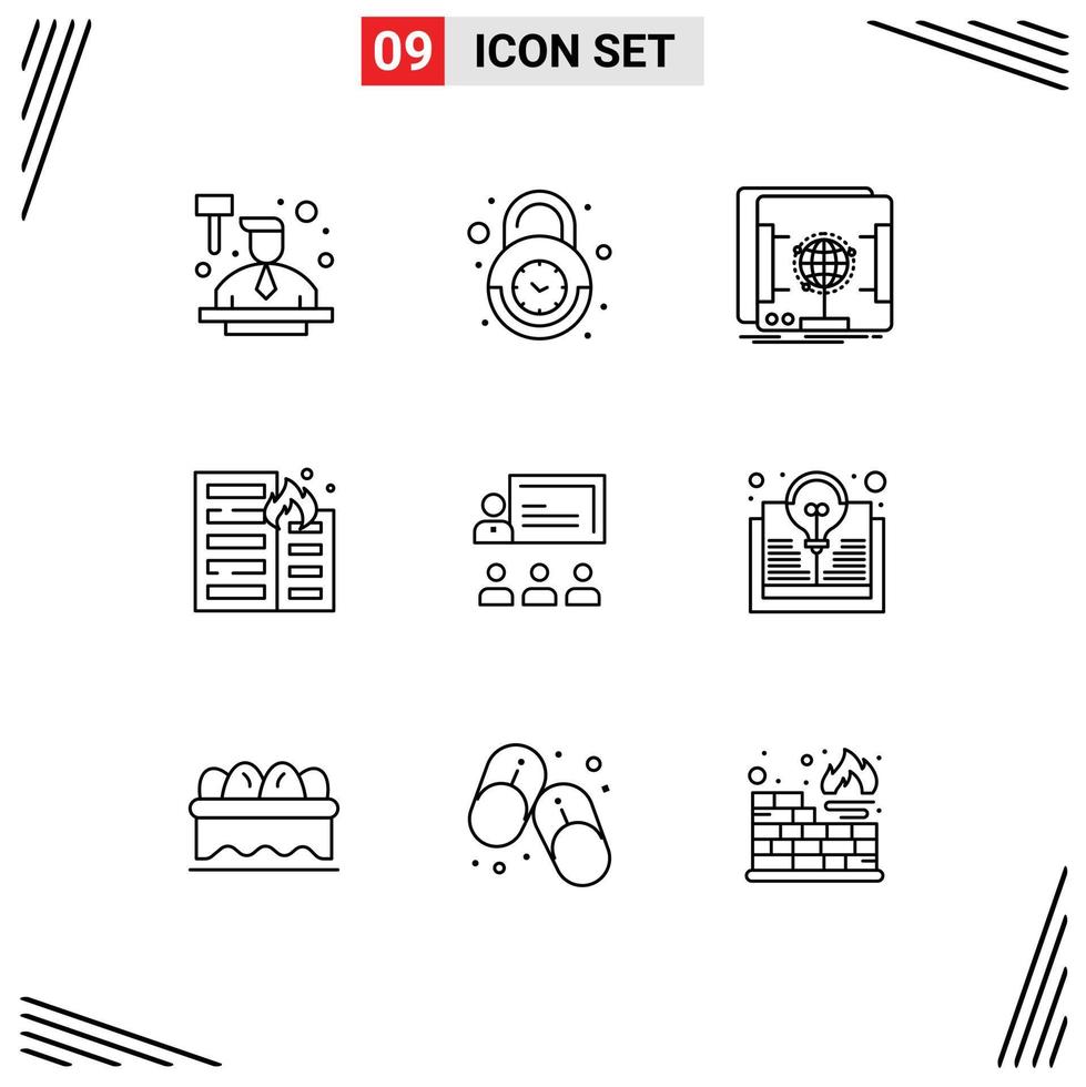 9 User Interface Outline Pack of modern Signs and Symbols of risk flame security fire scanner Editable Vector Design Elements