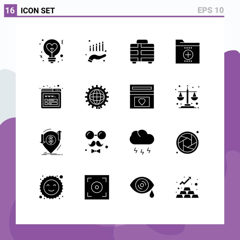 Solid Glyph Pack of 16 Universal Symbols of office file marketing documents travel Editable Vector Design Elements