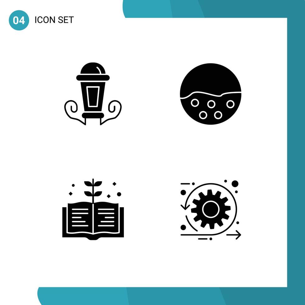 Pictogram Set of 4 Simple Solid Glyphs of light book lantern skin care knowledge Editable Vector Design Elements