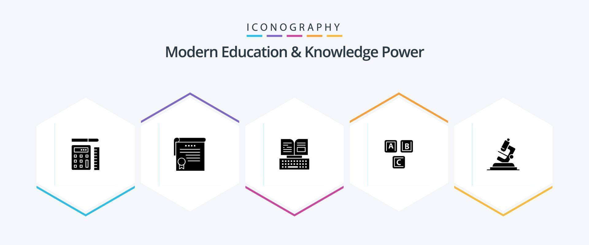 Modern Education And Knowledge Power 25 Glyph icon pack including lab. alphabet. key. basic. abc vector