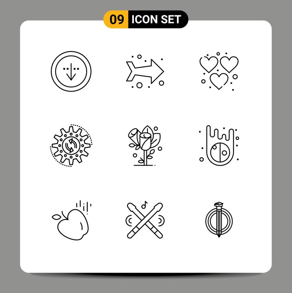 Group of 9 Modern Outlines Set for flower task heart production management Editable Vector Design Elements