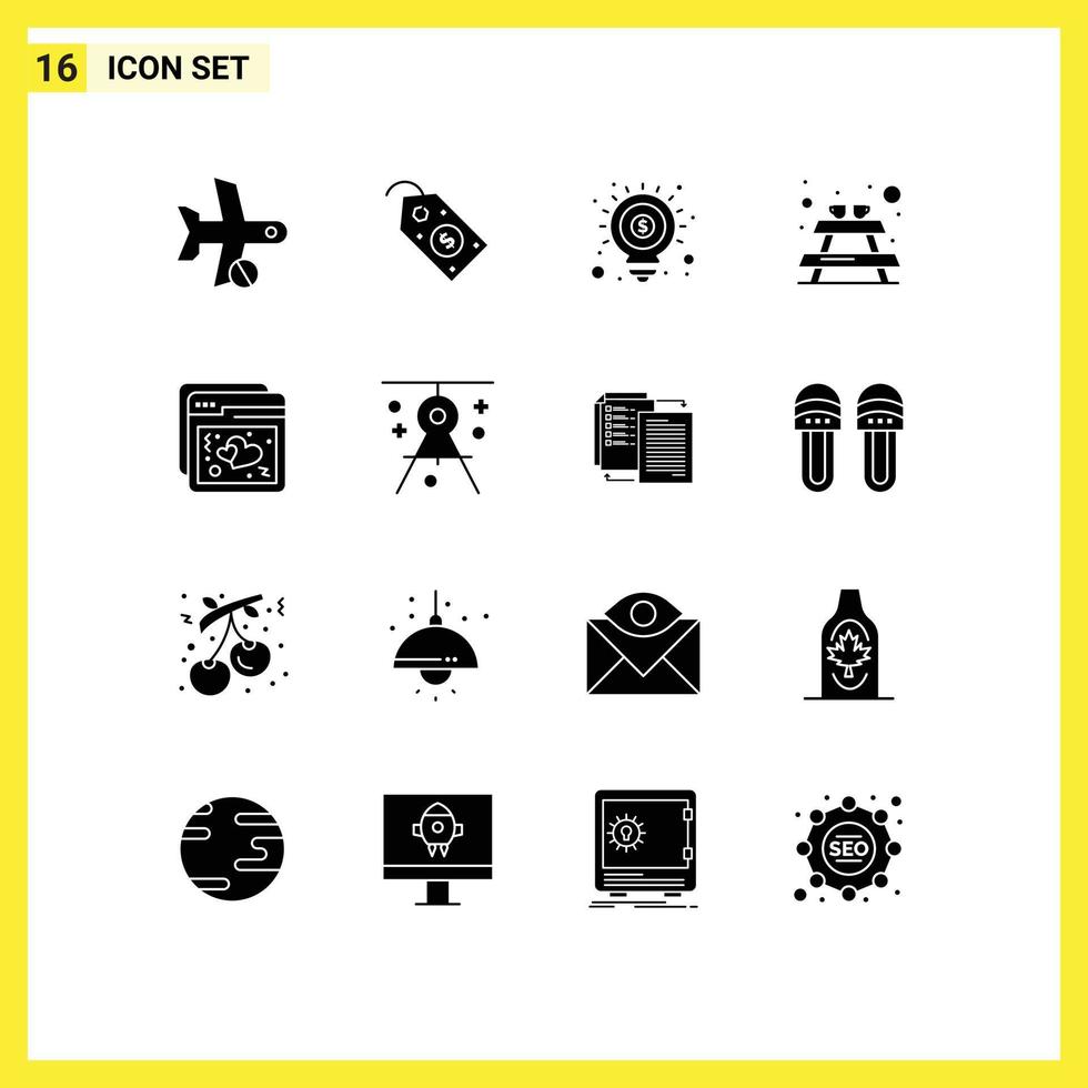 Group of 16 Solid Glyphs Signs and Symbols for love furniture tag picnic marketing Editable Vector Design Elements