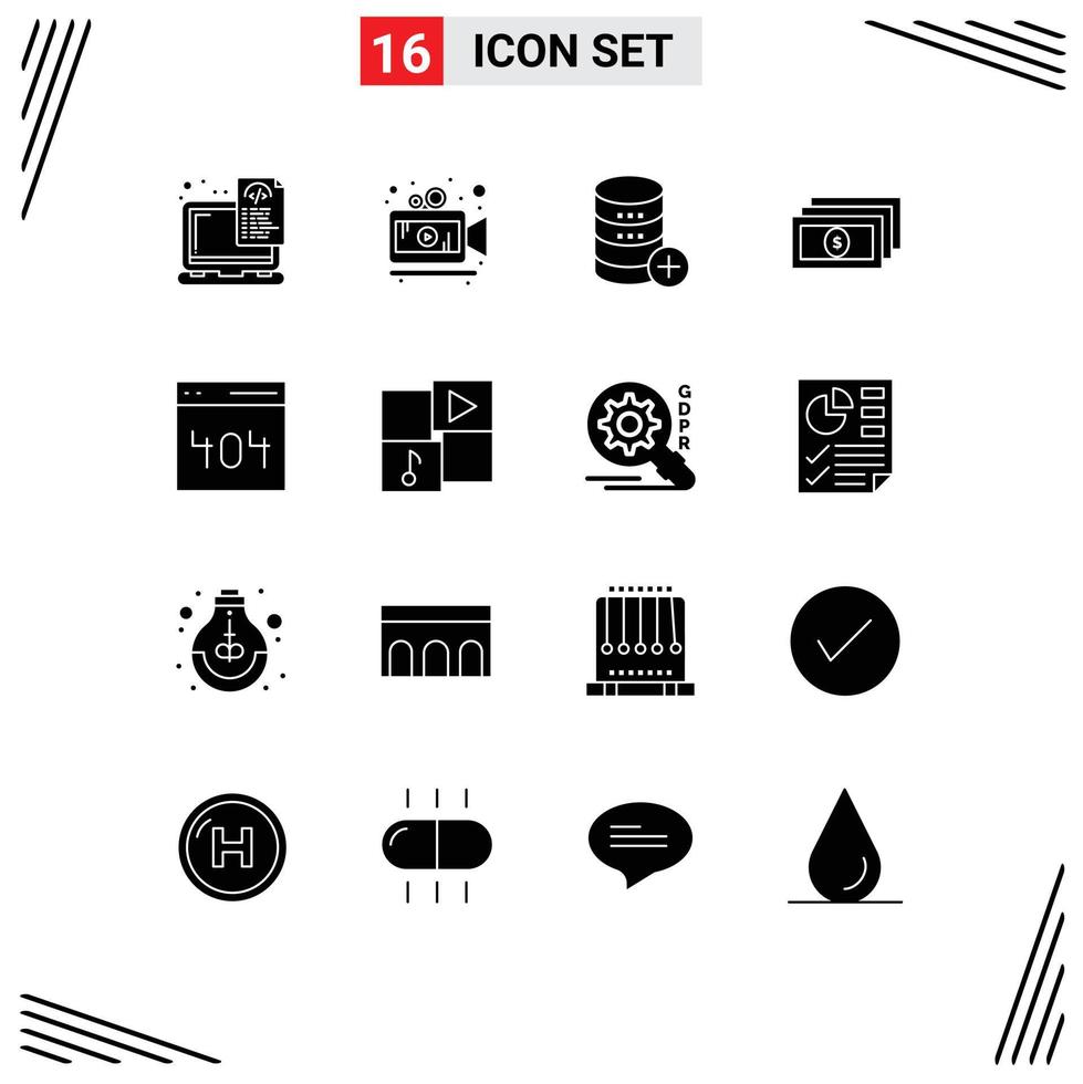 Modern Set of 16 Solid Glyphs Pictograph of interface cash database money add Editable Vector Design Elements