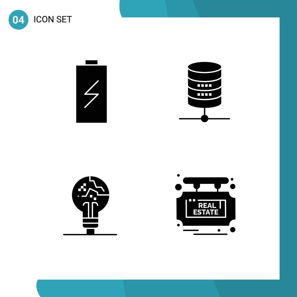 4 Universal Solid Glyph Signs Symbols of battery concept electric server fail Editable Vector Design Elements