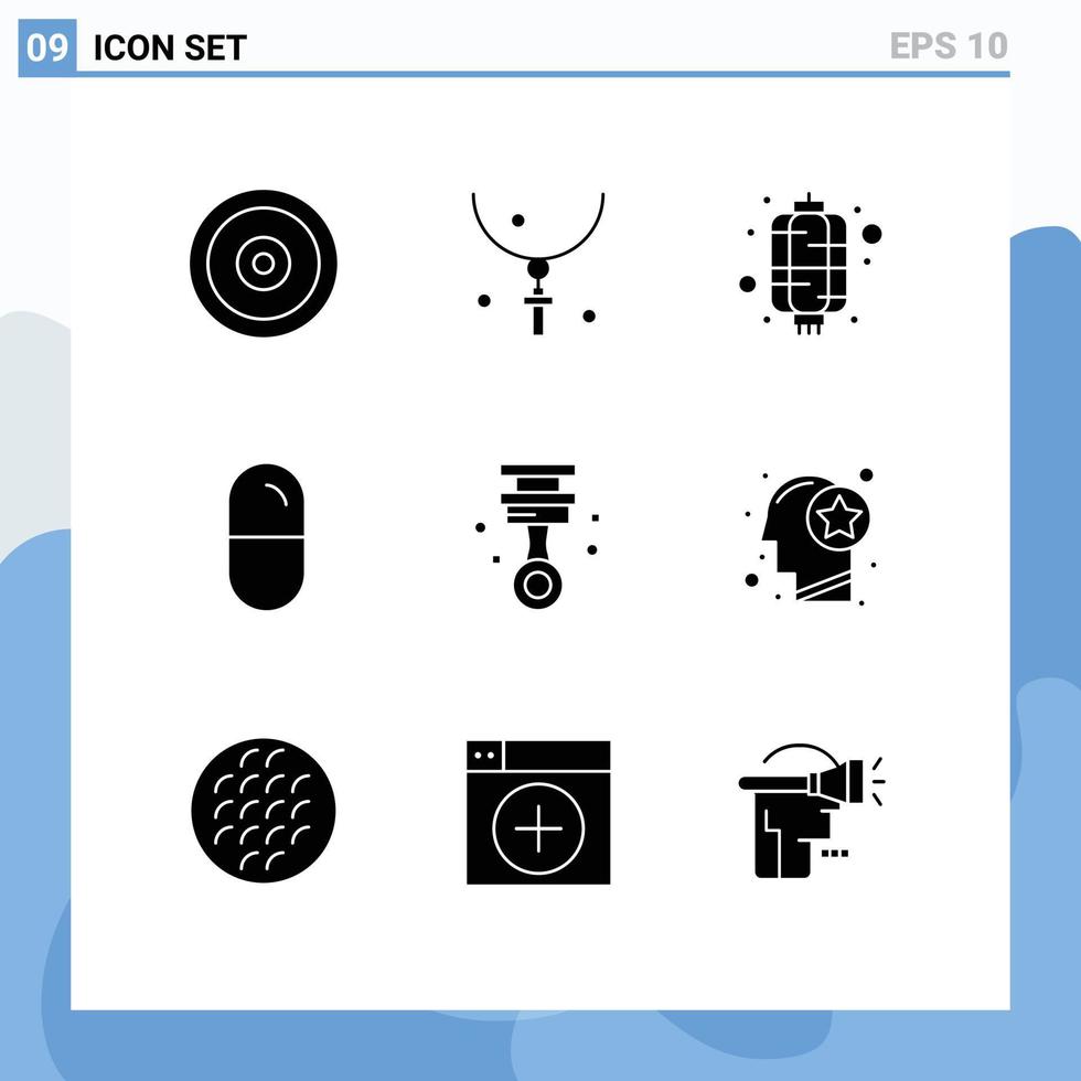 9 User Interface Solid Glyph Pack of modern Signs and Symbols of car sport necklace health year Editable Vector Design Elements