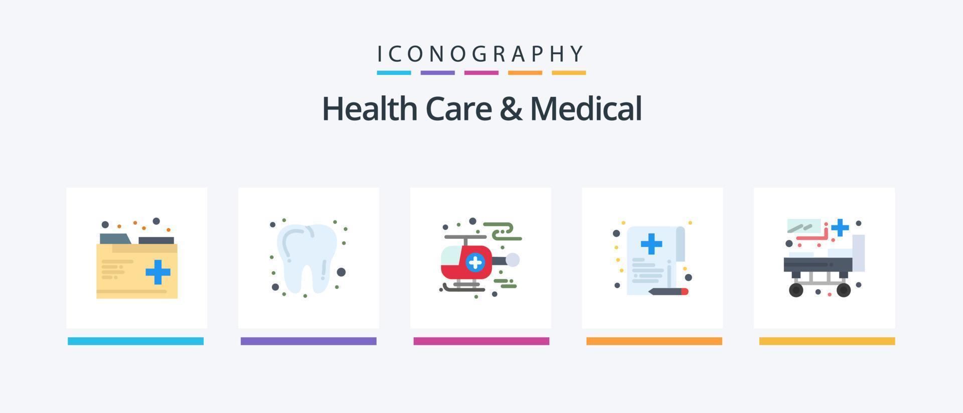 Health Care And Medical Flat 5 Icon Pack Including medical. bed. helicopter. document. hospital. Creative Icons Design vector