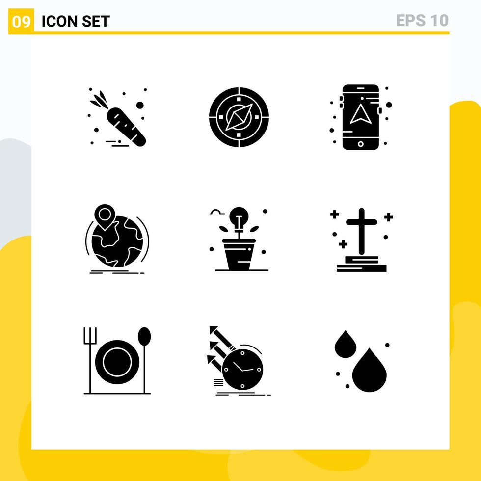 9 User Interface Solid Glyph Pack of modern Signs and Symbols of idea brainstorm mobile marker worldwide Editable Vector Design Elements