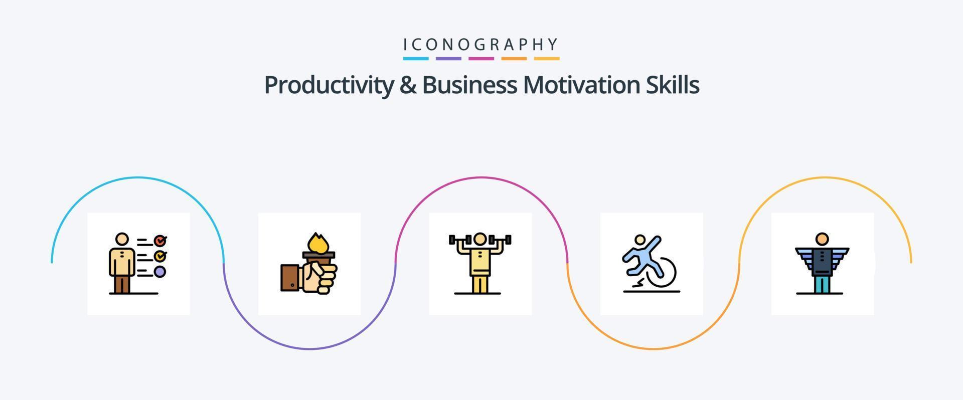 productividad y negocio motivación habilidades línea lleno plano 5 5 icono paquete incluso escapar. cambiar. olímpico. negocio. físico vector