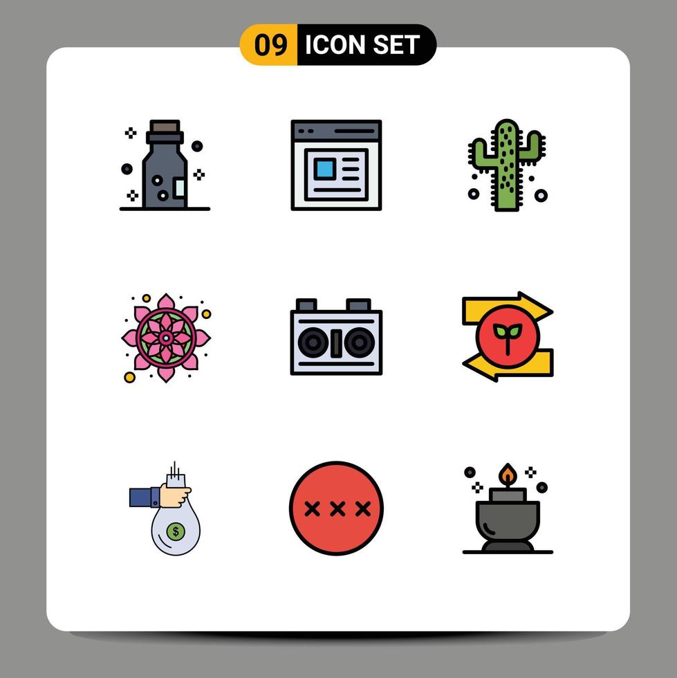 Pictogram Set of 9 Simple Filledline Flat Colors of photo camera cactus rangoli india Editable Vector Design Elements