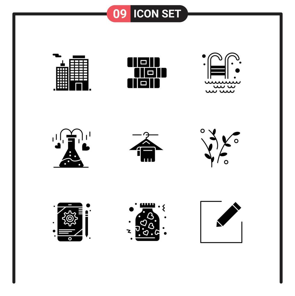 Modern Set of 9 Solid Glyphs and symbols such as hotel towel water hanger heart Editable Vector Design Elements