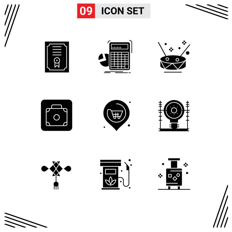 User Interface Pack of 9 Basic Solid Glyphs of next service drum luggage baggage Editable Vector Design Elements