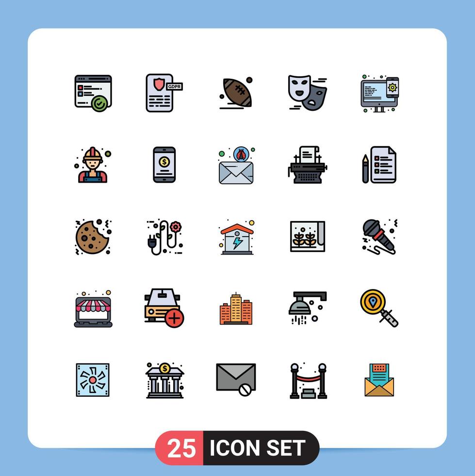 Pictogram Set of 25 Simple Filled line Flat Colors of design face masks rugby comedy game Editable Vector Design Elements