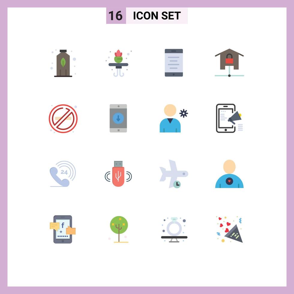 Pictogram Set of 16 Simple Flat Colors of no smoke no cell fire locked Editable Pack of Creative Vector Design Elements