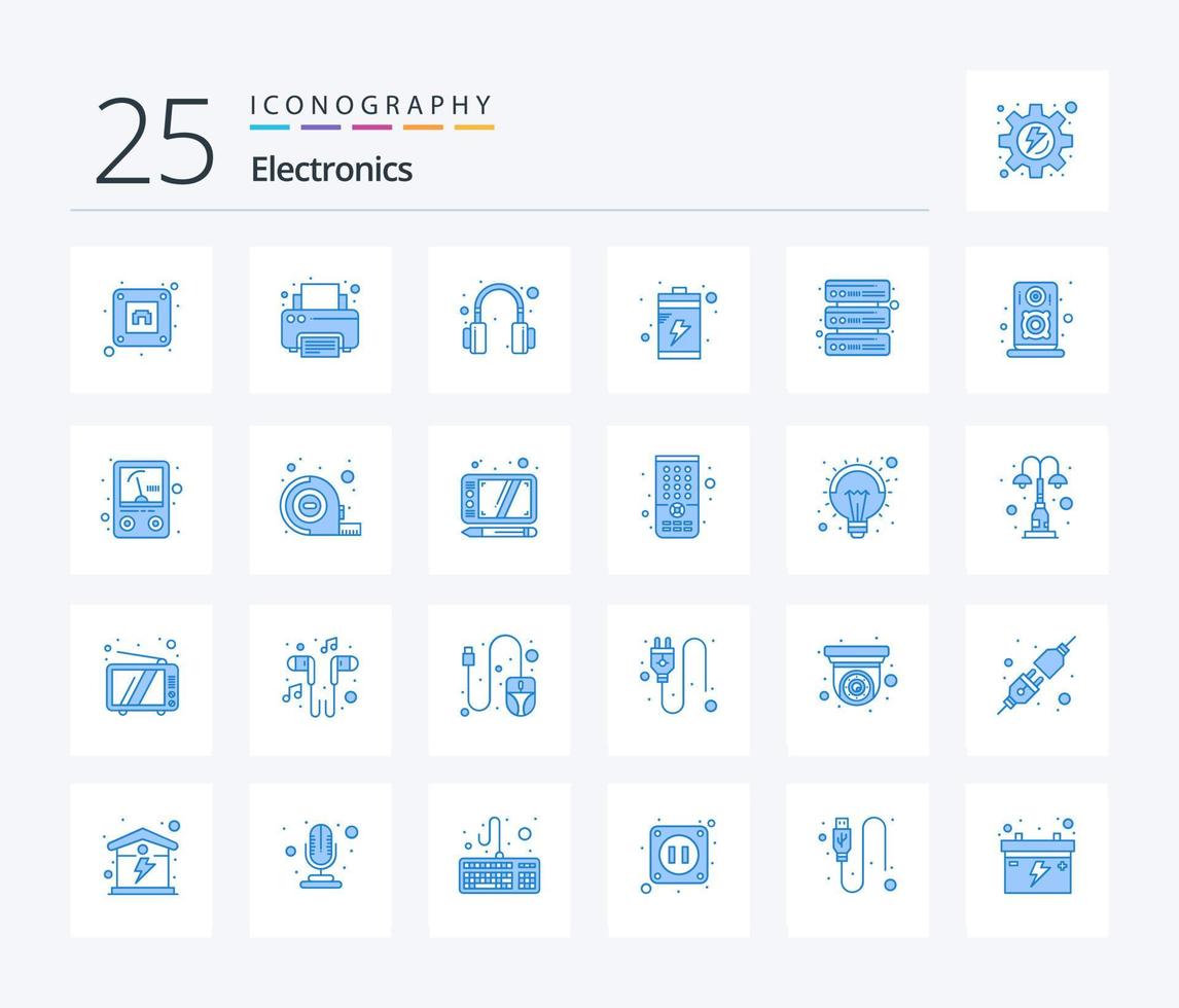 Electronics 25 Blue Color icon pack including loudspeaker. network. headphones. servers. device vector