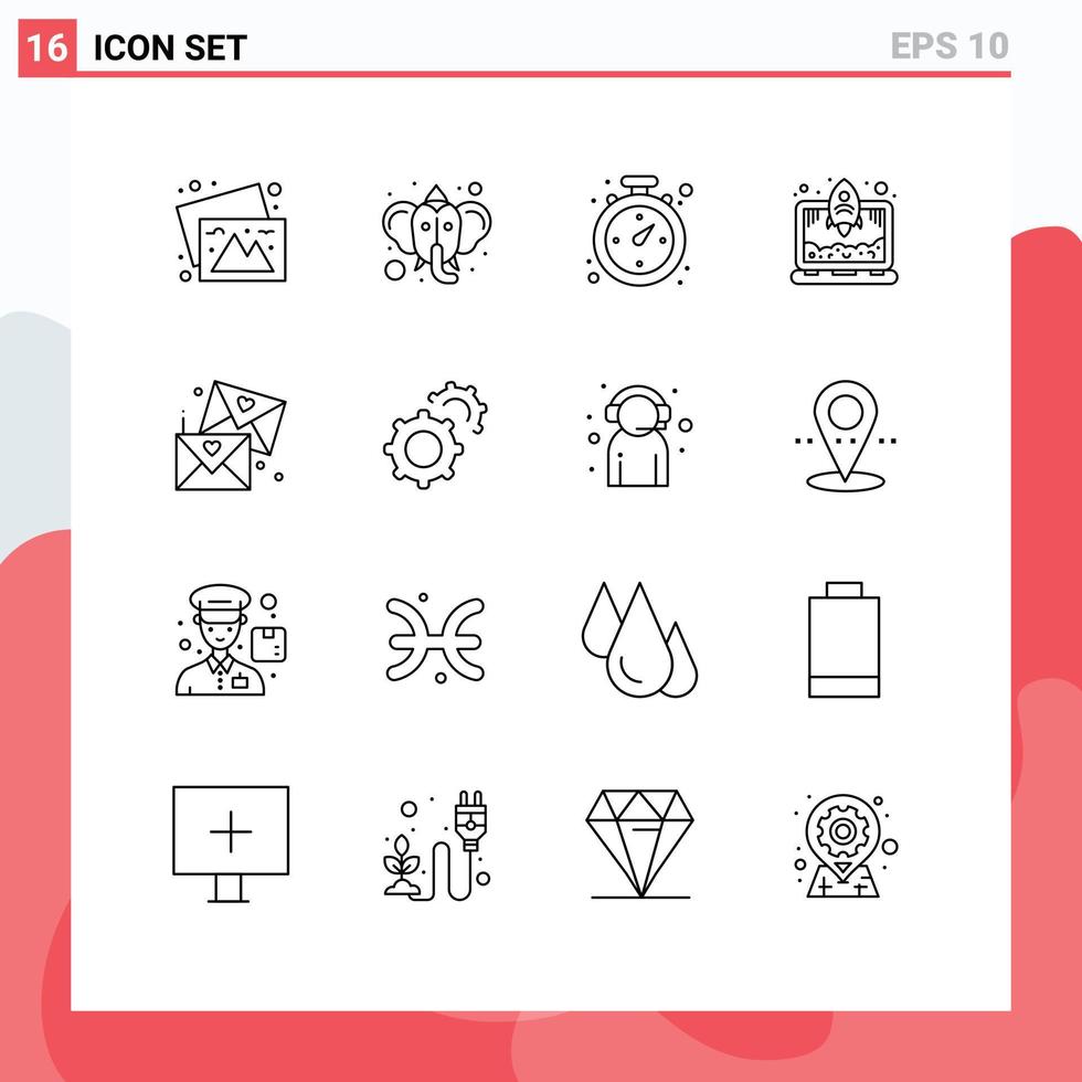 Pictogram Set of 16 Simple Outlines of wedding love compass email rocket Editable Vector Design Elements