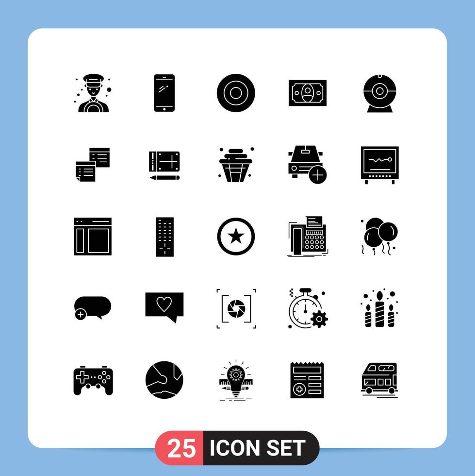 25 Thematic Vector Solid Glyphs and Editable Symbols of devices cam gold money cash Editable Vector Design Elements