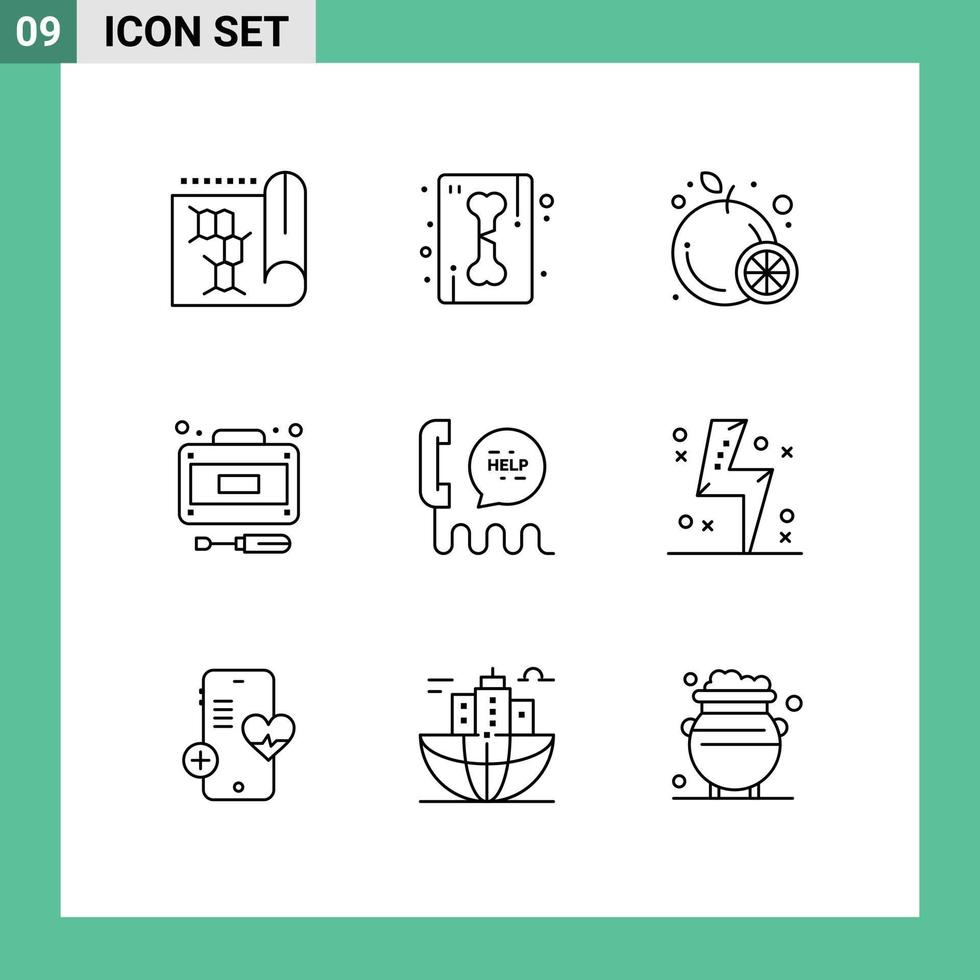 Group of 9 Modern Outlines Set for communication call food service recuperation Editable Vector Design Elements