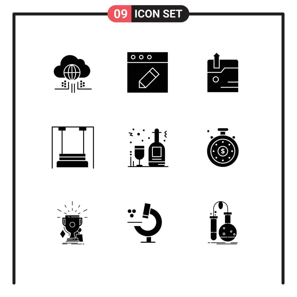 9 User Interface Solid Glyph Pack of modern Signs and Symbols of bottles alcohol technology kindergarten children Editable Vector Design Elements