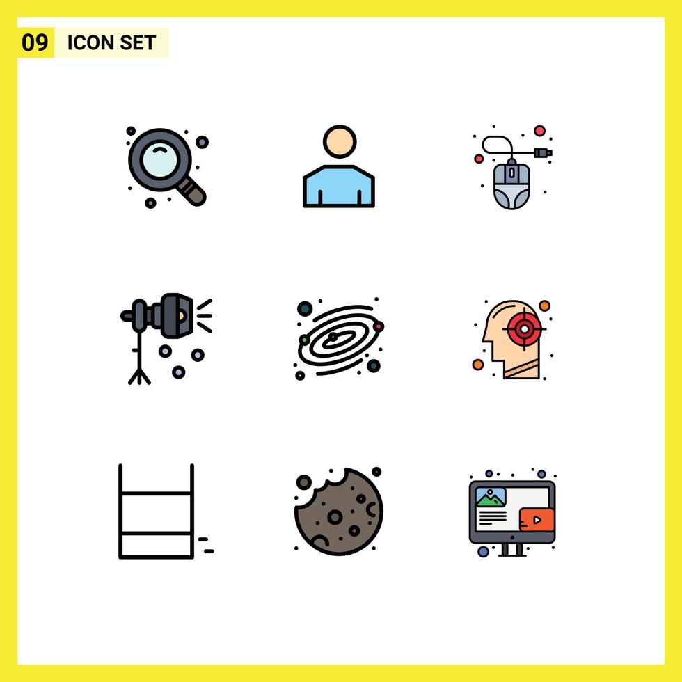 User Interface Pack of 9 Basic Filledline Flat Colors of planet studio light computer mouse spotlight light Editable Vector Design Elements